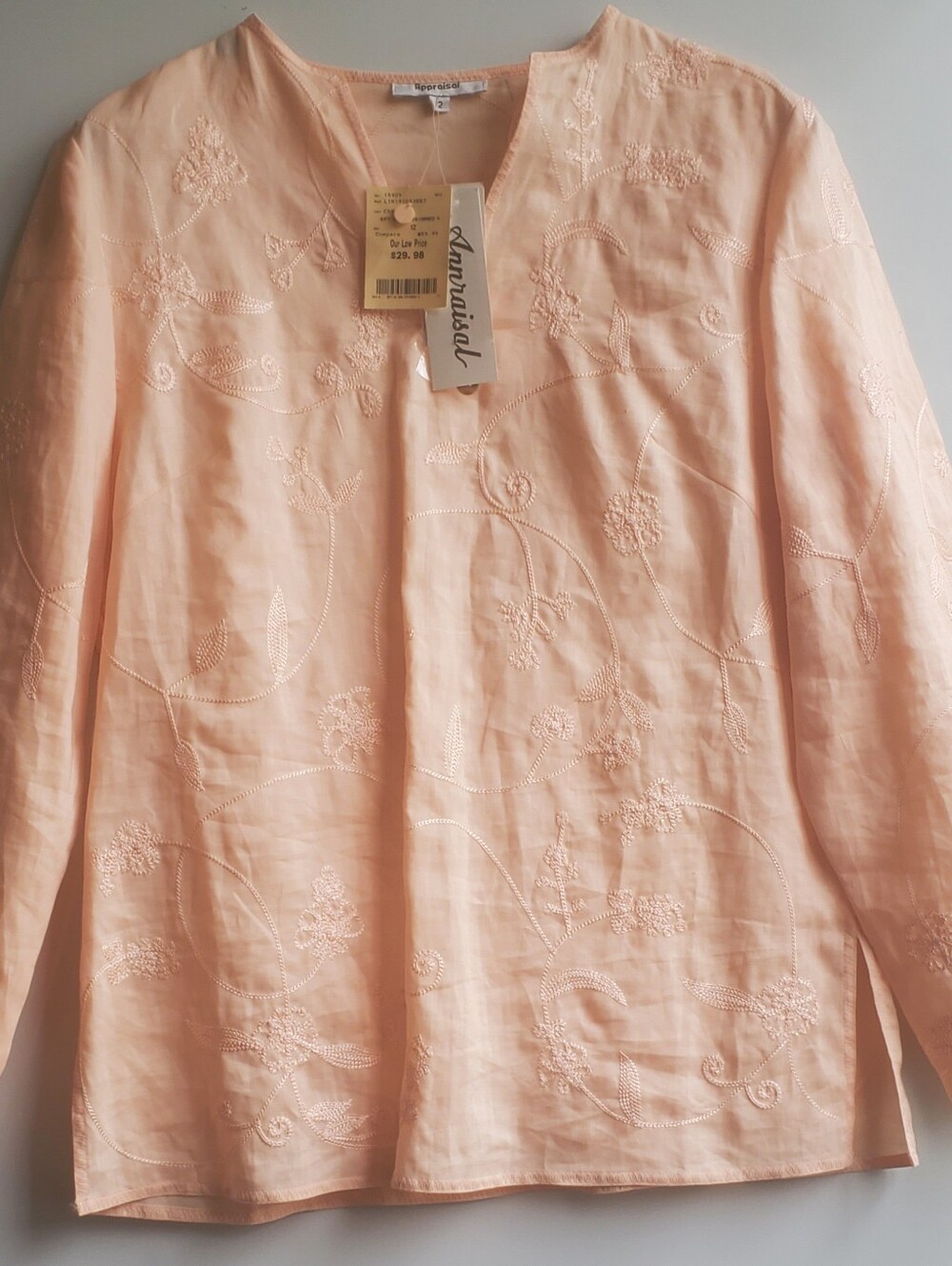 Vintage Appraisal Pastel Peach Embroidered 100% Ramie Pant Suit Size 12